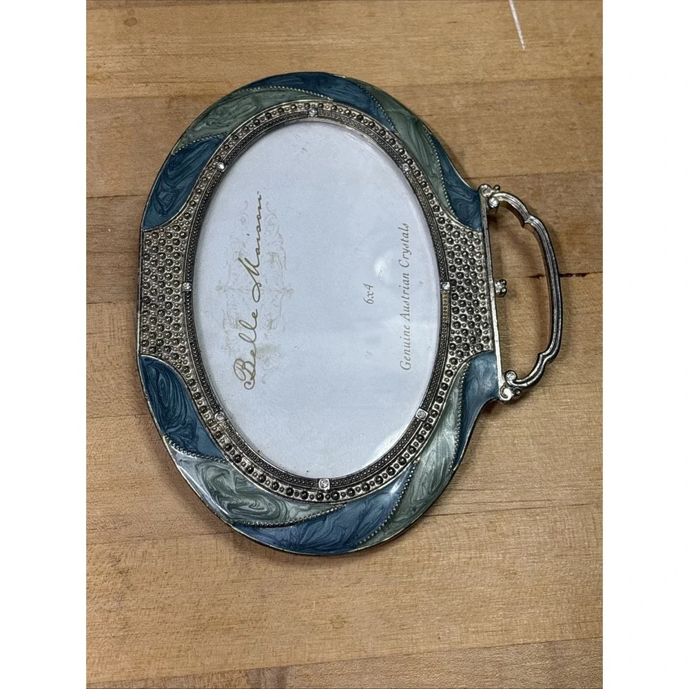 Belle Maison 4x6 Picture Frame Austrian Crystal Silver Tone Blue Enamel Art Deco